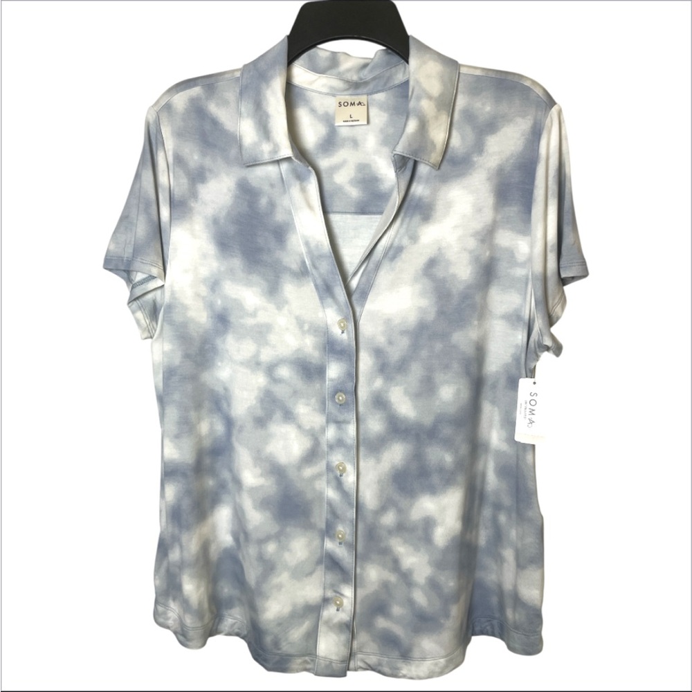 Soma Women’s Blue Tie-Dye Cool Nights Notch Collar Pajama Shirt L NWT